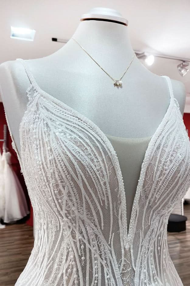 V-Neck Sleeveless Long A-Line Wedding Dress with Sequins, Ruffles, and Open Back Tulle BM bride