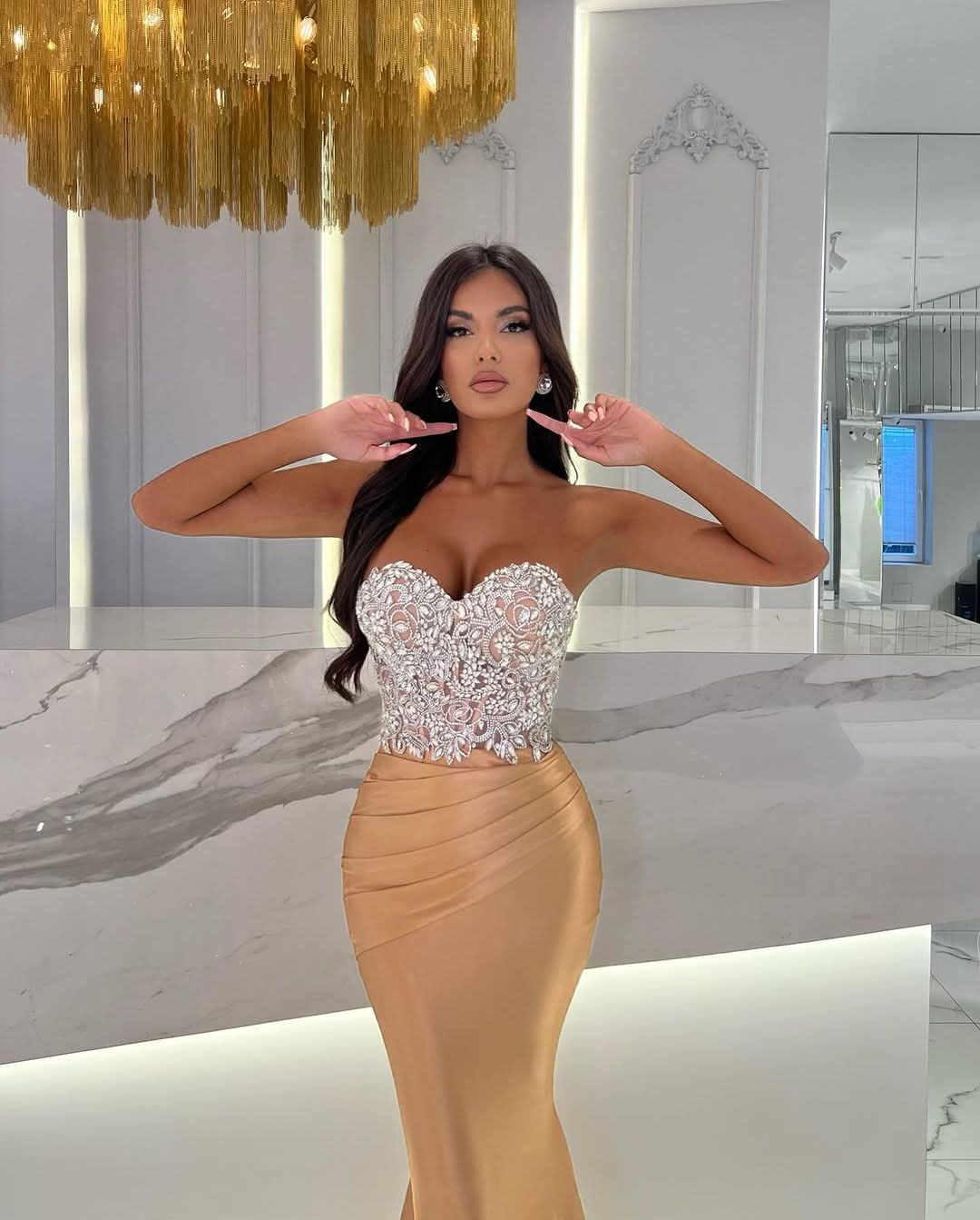 Gold Sequin Long Sweetheart Pleated Sleeveless Mermaid Prom Dress BM bride