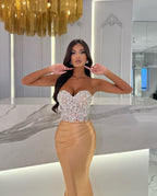 Gold Sequin Long Sweetheart Pleated Sleeveless Mermaid Prom Dress BM bride