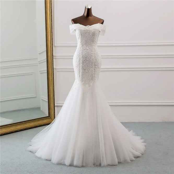 Off-the-Shoulder Long Mermaid Wedding Dress with Tulle Lace BM bride