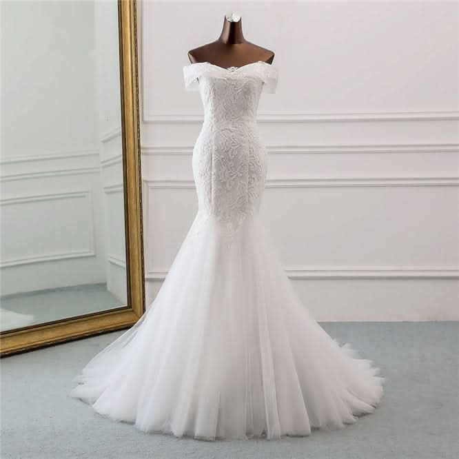 Off-the-Shoulder Long Mermaid Wedding Dress with Tulle and Lace BM bride