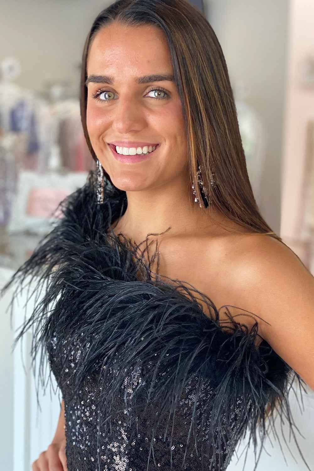Blue Tight Sequins Homecoming Dress with Feathers Bmbride