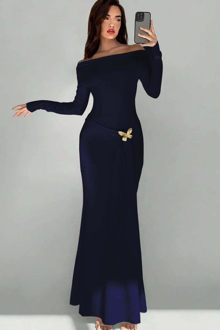 Off the Shoulder Long Sleeves Long Mermaid Prom Dress With Appliques BMBRIDE
