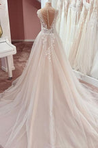 A-Line Wide Strap Ruffle Wedding Dress with Lace Appliques and Tulle BM bride