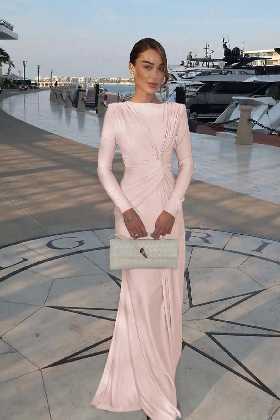Chic Jewel Long Sleeves Mermaid Long Prom Dress With Pleated BMBRIDE
