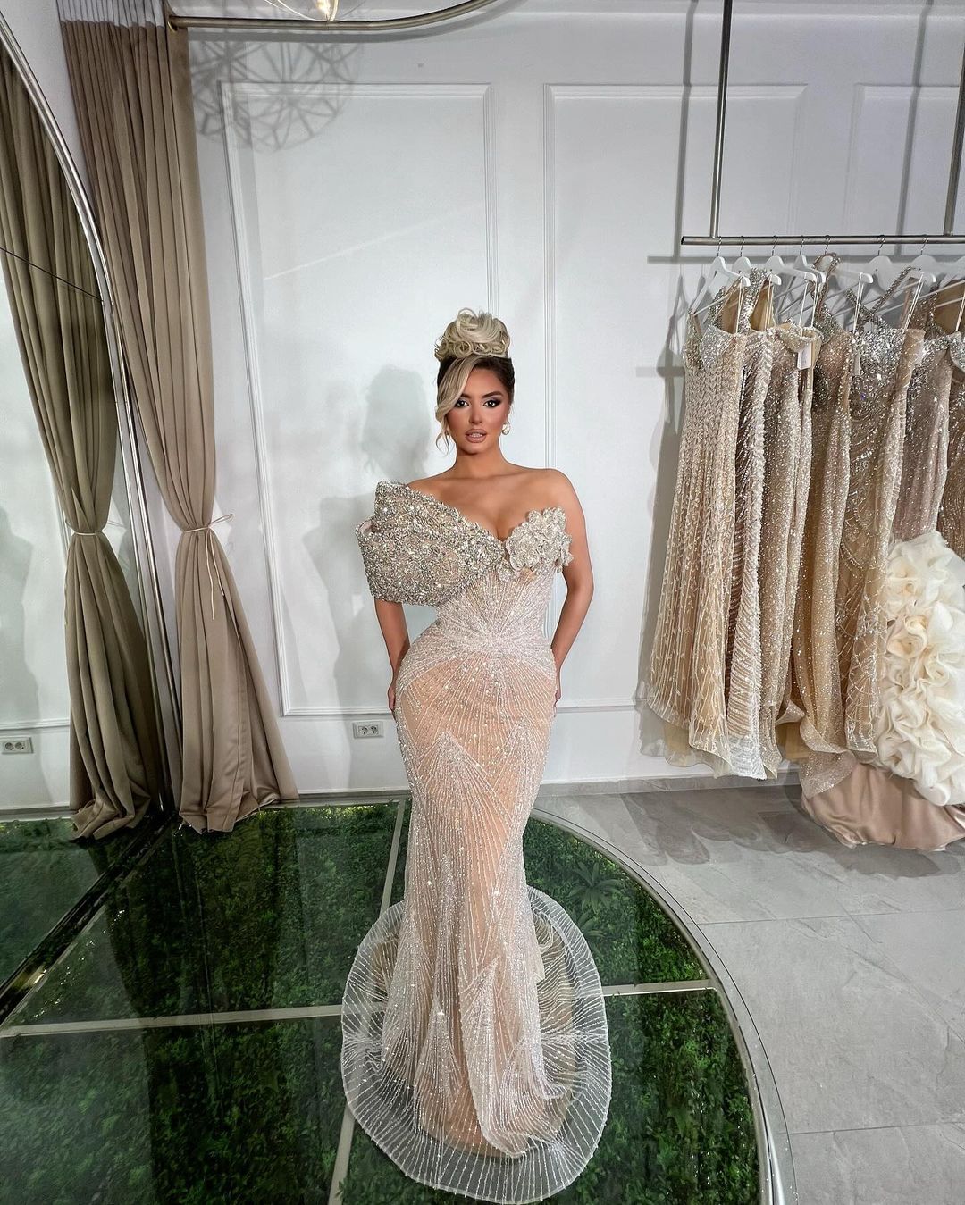 Luxurious Champagne Long Mermaid Evening Dress with Asymmetric Bead Embroidery BM bride
