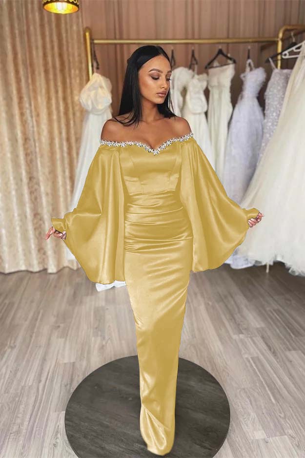 Off the Shoulder Long Sleeves Pleated Long Prom Dress With Beading BMBRIDE