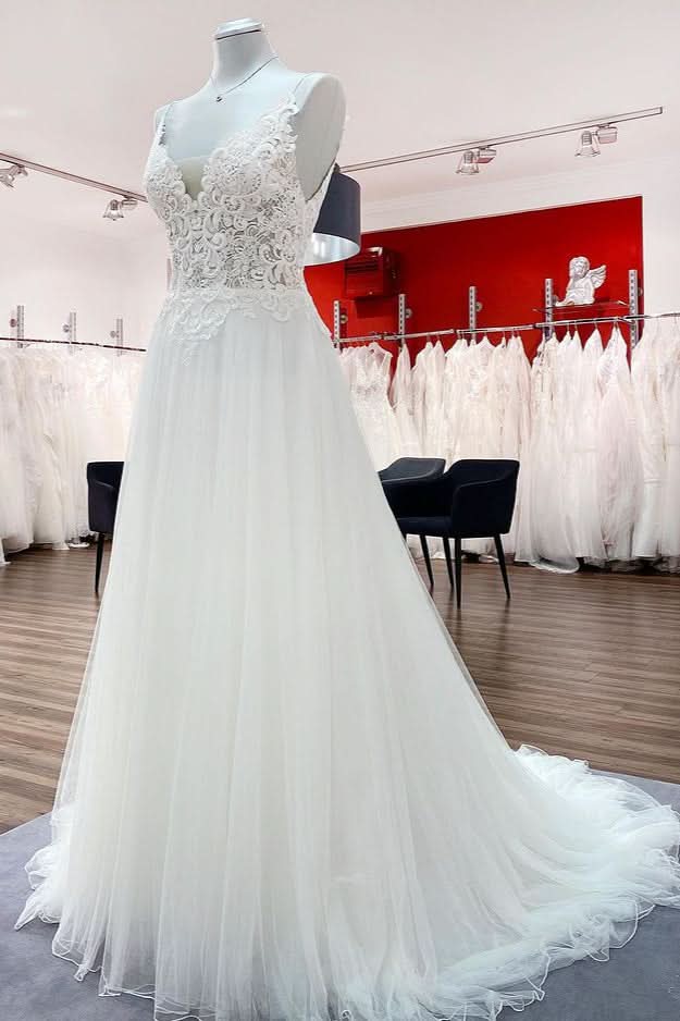 V-Neck Sleeveless Long A-Line Tulle Wedding Dress with Lace Ruffles BM bride