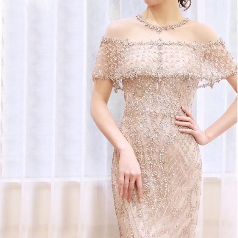 Luxurious Sequin Beaded Strapless Evening Gown, Long Mermaid Sleeveless BM bride