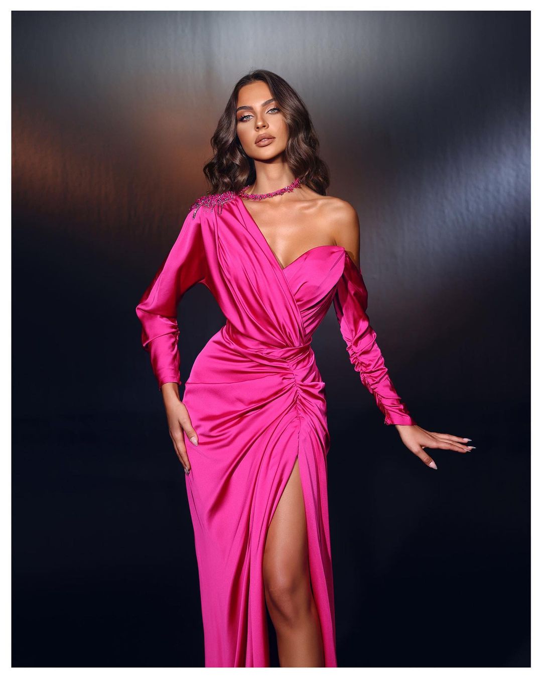 Pink One Shoulder Mermaid Prom Dress Long Sleeves High Slit Pleated BM bride