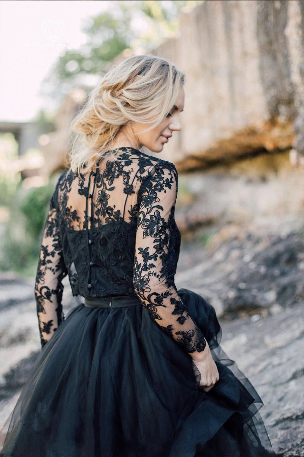 Vintage Black A-Line Long Sleeves Wedding Dress With Ruffles Appliques Lace Tulle BM bride