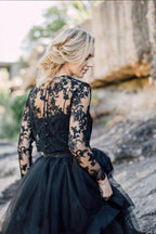 Vintage Black A-Line Long Sleeves Wedding Dress With Ruffles Appliques Lace Tulle BM bride