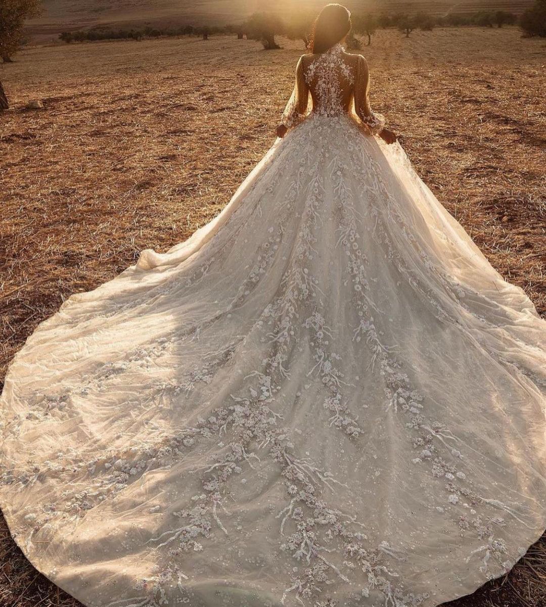High Neck Long Sleeve A-Line Wedding Dress with Lace Appliques and Tulle Train BM bride