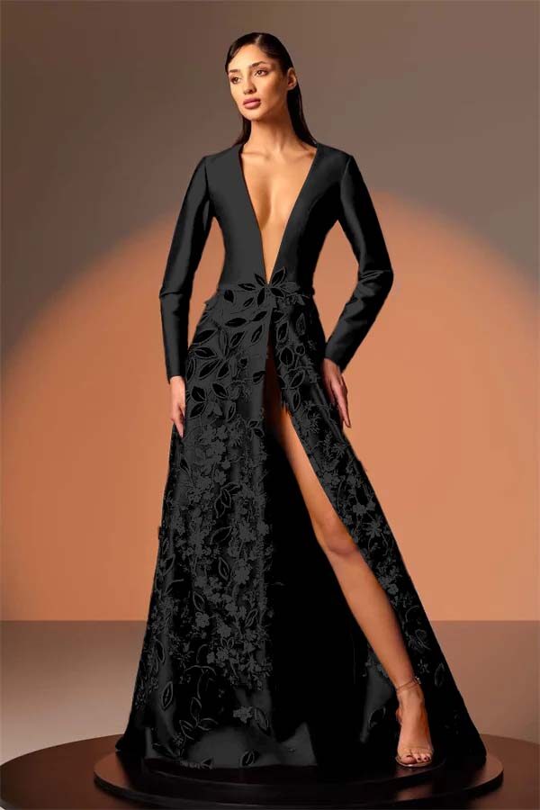 Long Sleeves Deep V Neck High Split Long Prom Dress With Appliques BMBRIDE