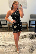 Sheath One Shoulder Black Sequins Short Homecoming Dress with Star Bmbride