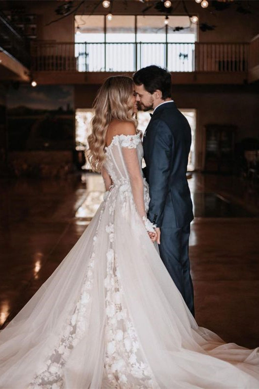 Off-the-Shoulder A-Line Wedding Dress with Lace BM bride