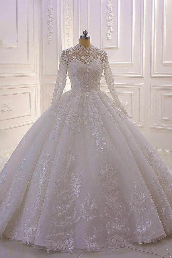A-Line High Neck Long Sleeve Wedding Dress with Lace Appliques, Ruffles, Pearls, and Sequins BM bride