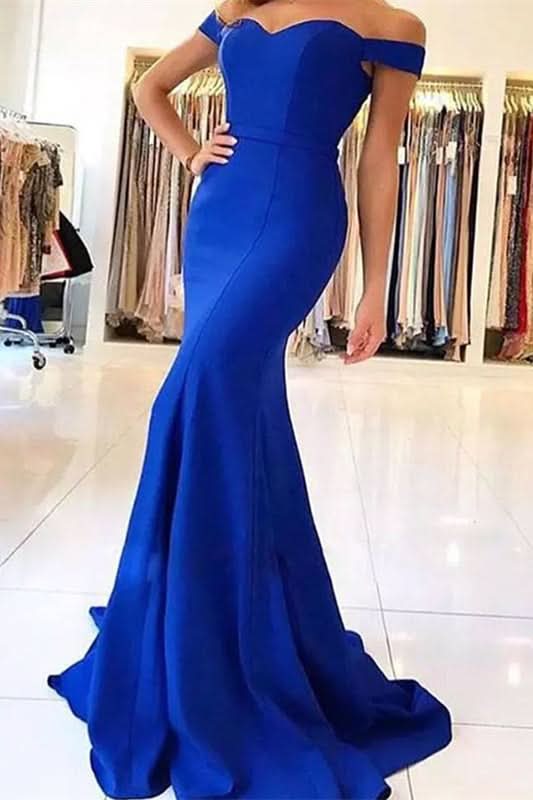 Off-the-Shoulder Royal Blue Mermaid Evening Dress BM bride