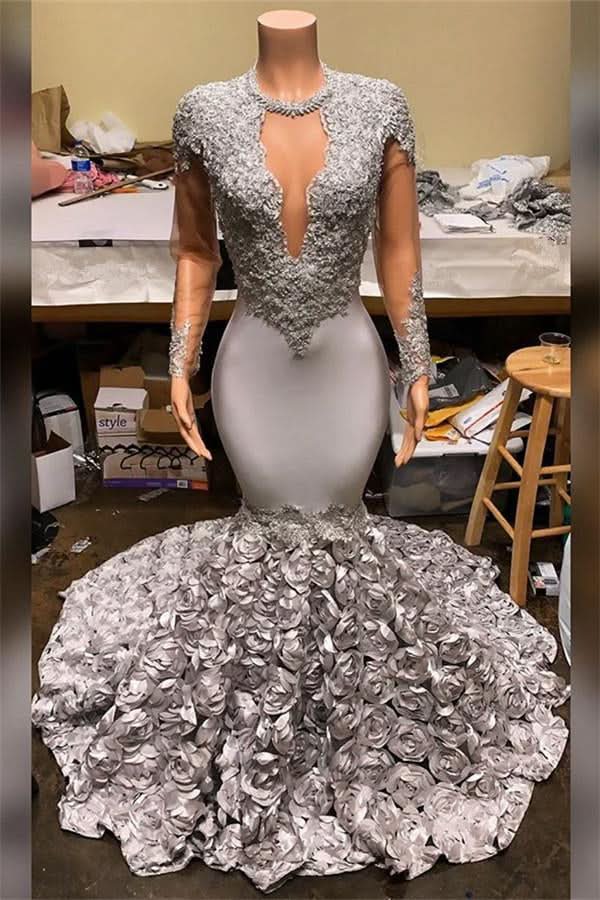 Elegant Long Sleeve V-Neck Mermaid Prom Dress with Appliqued Flowers BM bride