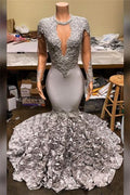 Elegant Long Sleeve V-Neck Mermaid Prom Dress with Appliqued Flowers BM bride