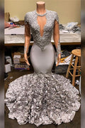 Elegant Mermaid V Neck Prom Dress Appliques Long Sleeves With Flowers Bottom BMBRIDE