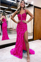 Sparkly Blue Sheath Sequins Long Prom Dress with Slit BM bride