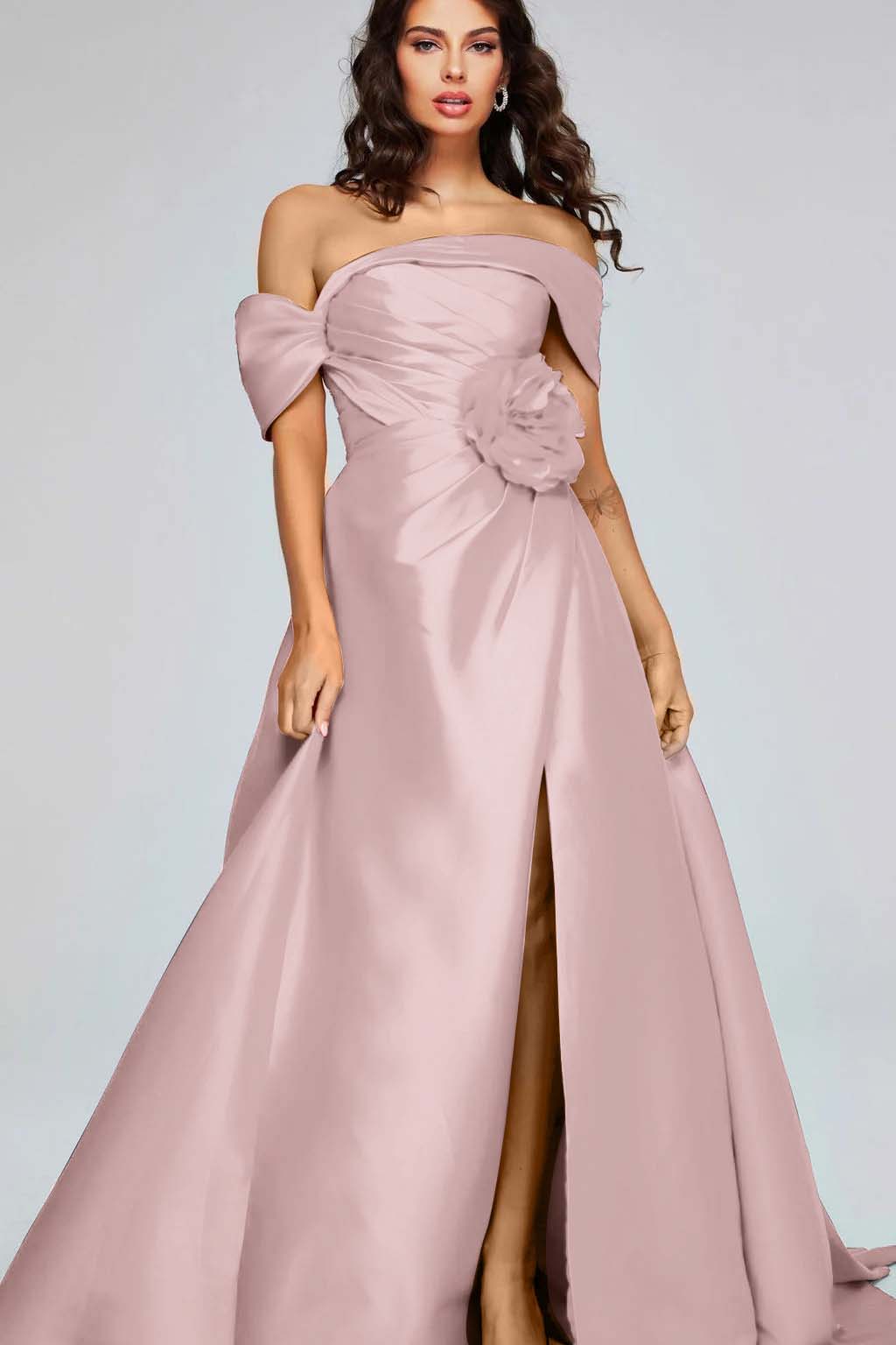 Off the Shoulder Sleeveless Long Split Prom Dress With Pleated BMBRIDE