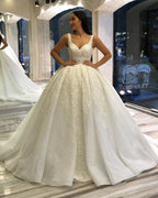 Sweetheart Spaghetti Strap Backless Ball Gown Wedding Dress with Lace Appliques and Sequins BM bride