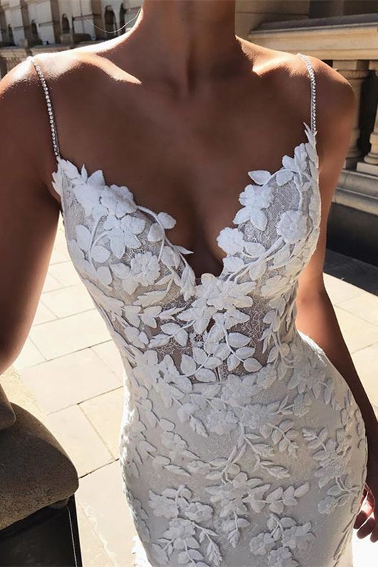 Spaghetti Strap Backless Long Mermaid Wedding Dress with Lace Appliques BM bride
