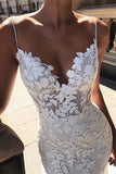 Spaghetti Strap Backless Long Mermaid Wedding Dress with Lace Appliques BM bride