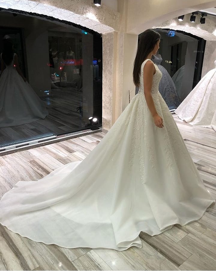 A-Line V-Neck Sleeveless Long Wedding Dress with Lace BM bride