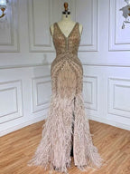 Green Sequin Prom Dress, Beaded V-Neck Long with Feather BM bride