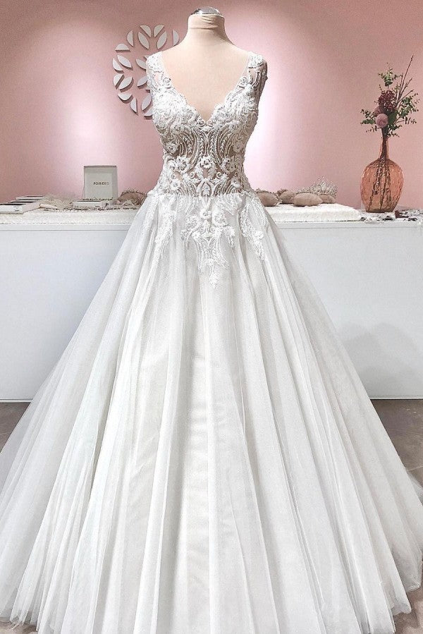 Vintage A-Line Deep V-Neck Backless Ruffle Wedding Dress with Tulle and Lace Appliques BM bride
