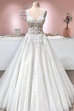 Vintage A-Line Deep V-Neck Backless Ruffle Wedding Dress with Tulle and Lace Appliques BM bride