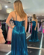 Sparkly Golden A Line Halter Neck Long Prom Dress with Keyhole Slit
