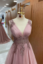 Dusty Pink V-Neck Sleeveless Long Tulle Prom Dress with Appliques BM bride