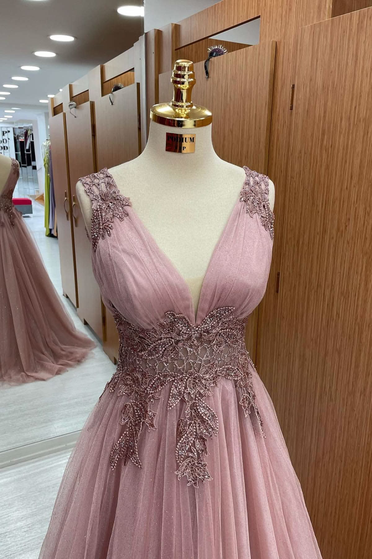 Dusty Pink V-Neck Sleeveless Long Tulle Prom Dress with Appliques BM bride