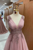 Dusty Pink Sleeveless A Line Prom Dress Tulle Long With Appliques V Neck