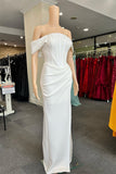 White Off-the-Shoulder Pleated Mermaid Prom Dress with Slit BM bride
