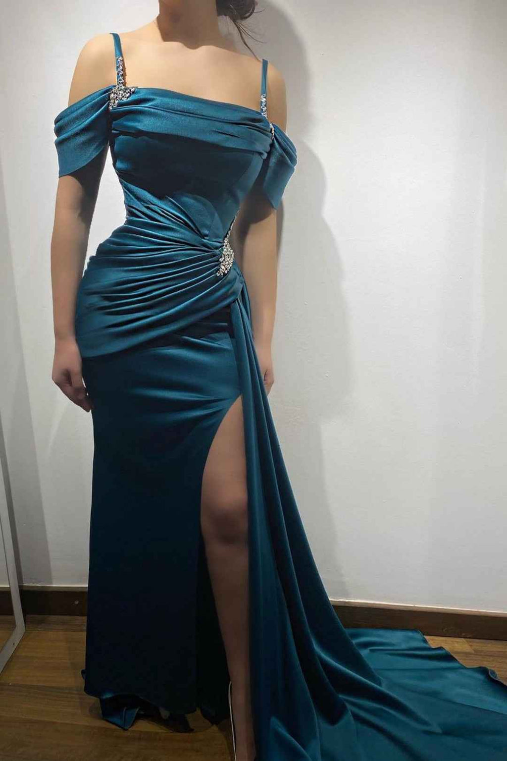 Ink Blue Prom Dress Spaghetti Strap With Sleeveless High Split