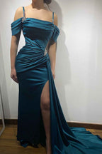 Ink Blue Prom Dress Spaghetti Strap With Sleeveless High Split