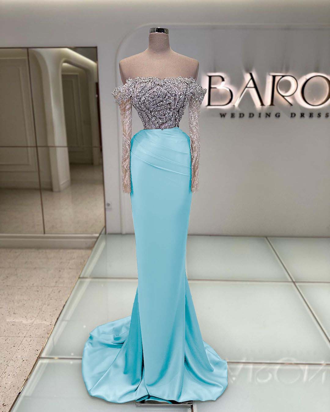 Off the Shoulder Long Sleeves Long Mermaid Prom Dress With Beading BMBRIDE