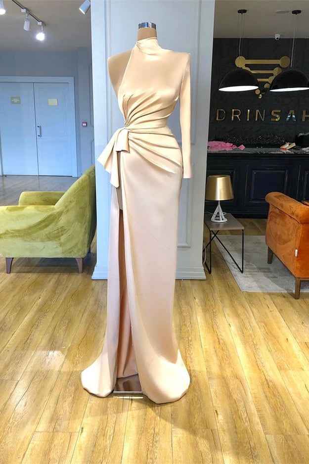 High Neck Champagne Mermaid Pleated Prom Dress Long Sleeves With Side Split