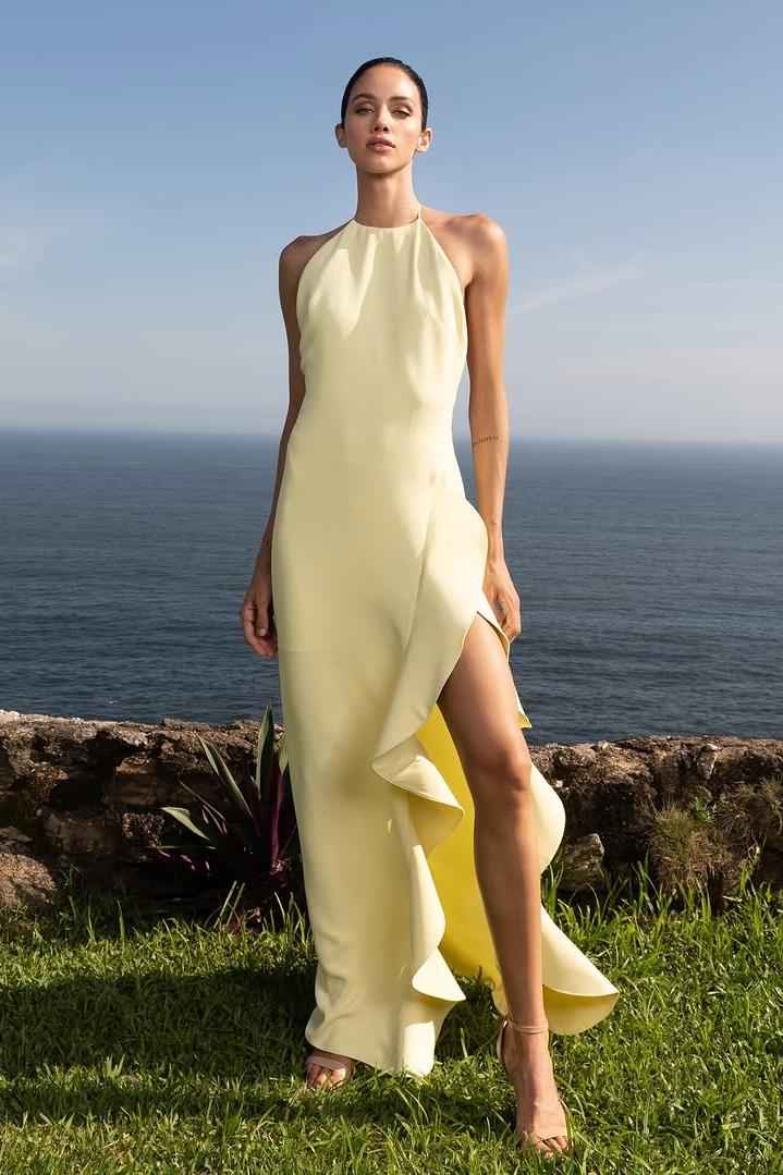 Halter Backless Sleeveless High Split Long Prom Dress With Ruffles
