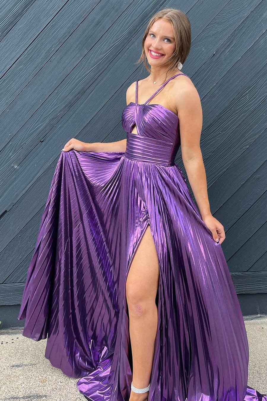 Sparkly Golden A Line Halter Neck Long Prom Dress with Keyhole Slit