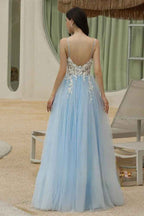 Sky Blue Spaghetti Strap V Neck Sweetheart Long Prom Dress With Appliques