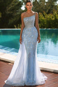 Sky Blue One Shoulder Mermaid Evening Dress with Sequins and Tulle BM bride