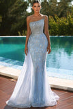 Sky Blue One Shoulder Mermaid Evening Dress with Sequins and Tulle BM bride