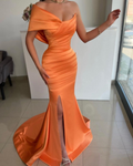 One Shoulder Sleeveless Split Mermaid Long Prom Dress With Pleated