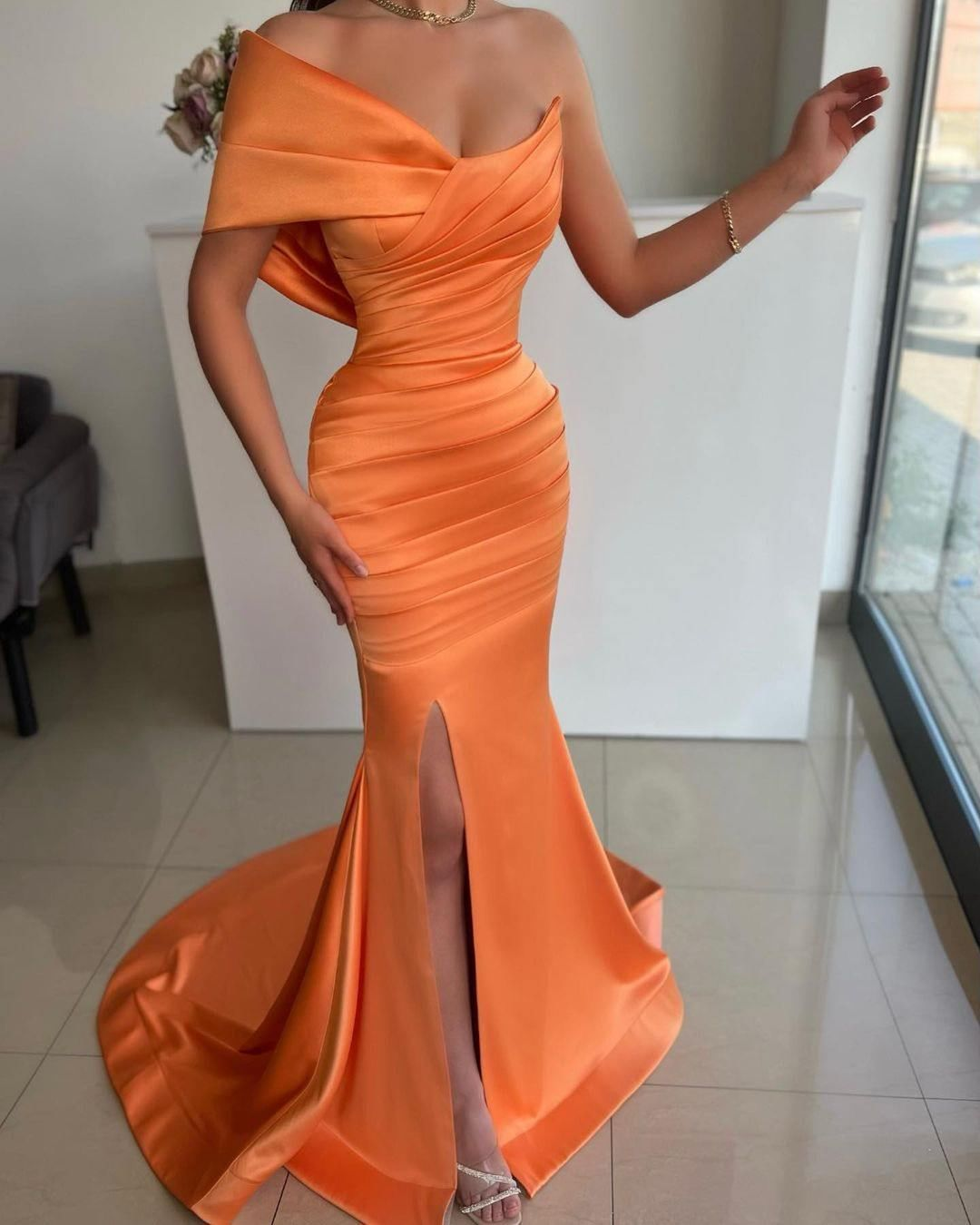 One Shoulder Sleeveless Split Mermaid Long Prom Dress With Pleated